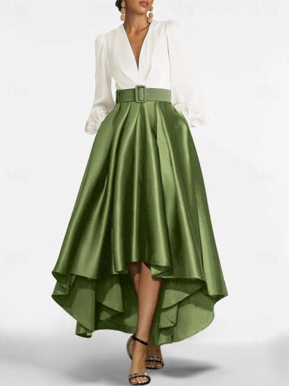 V-Neck A-Line Princess Asymmetrical Mother of the Bride Dress with Belt