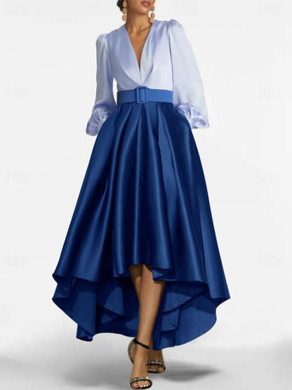 V-Neck A-Line Princess Asymmetrical Mother of the Bride Dress with Belt