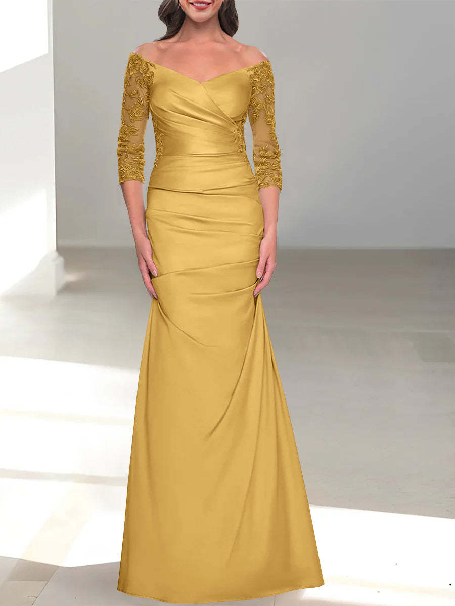 Mermaid/Trumpet Off-the-Shoulder Mother of the Bride Dress with 3/4 Sleeves and Beading