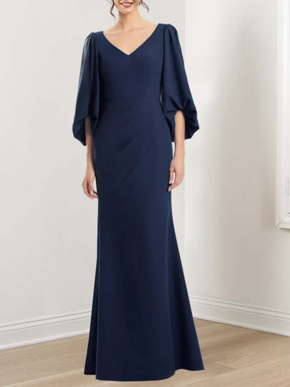 V-Neck 3/4 Sleeve Trumpet/Mermaid Mother of the Bride Dress with Ruffles