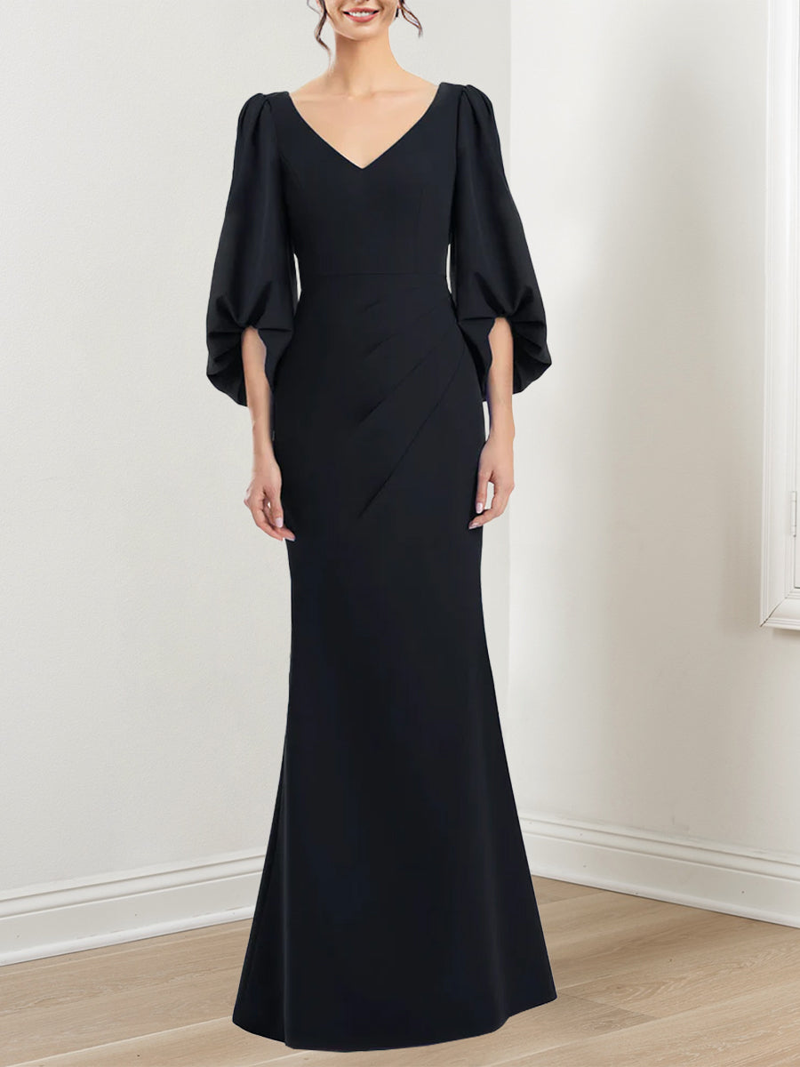 V-Neck 3/4 Sleeve Trumpet/Mermaid Mother of the Bride Dress with Ruffles