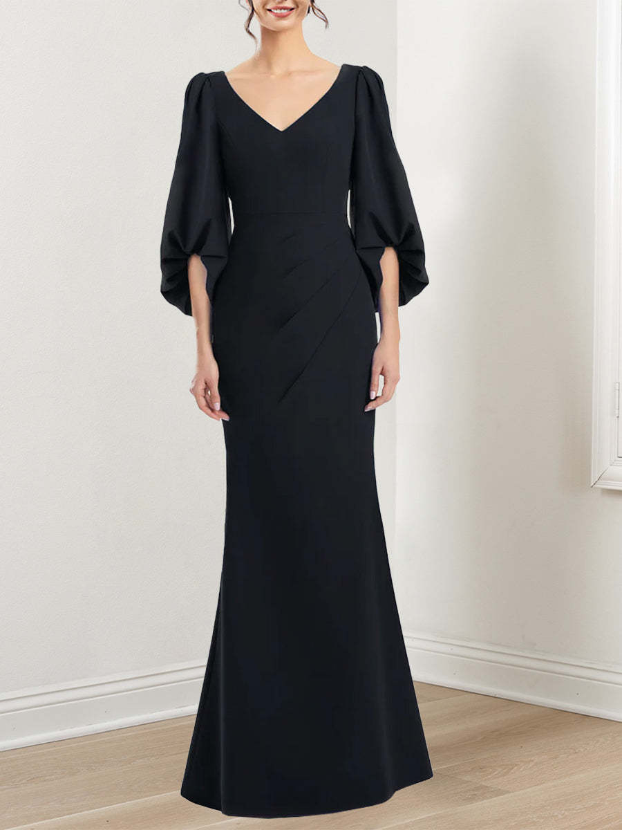 V-Neck 3/4 Sleeve Trumpet/Mermaid Mother of the Bride Dress with Ruffles