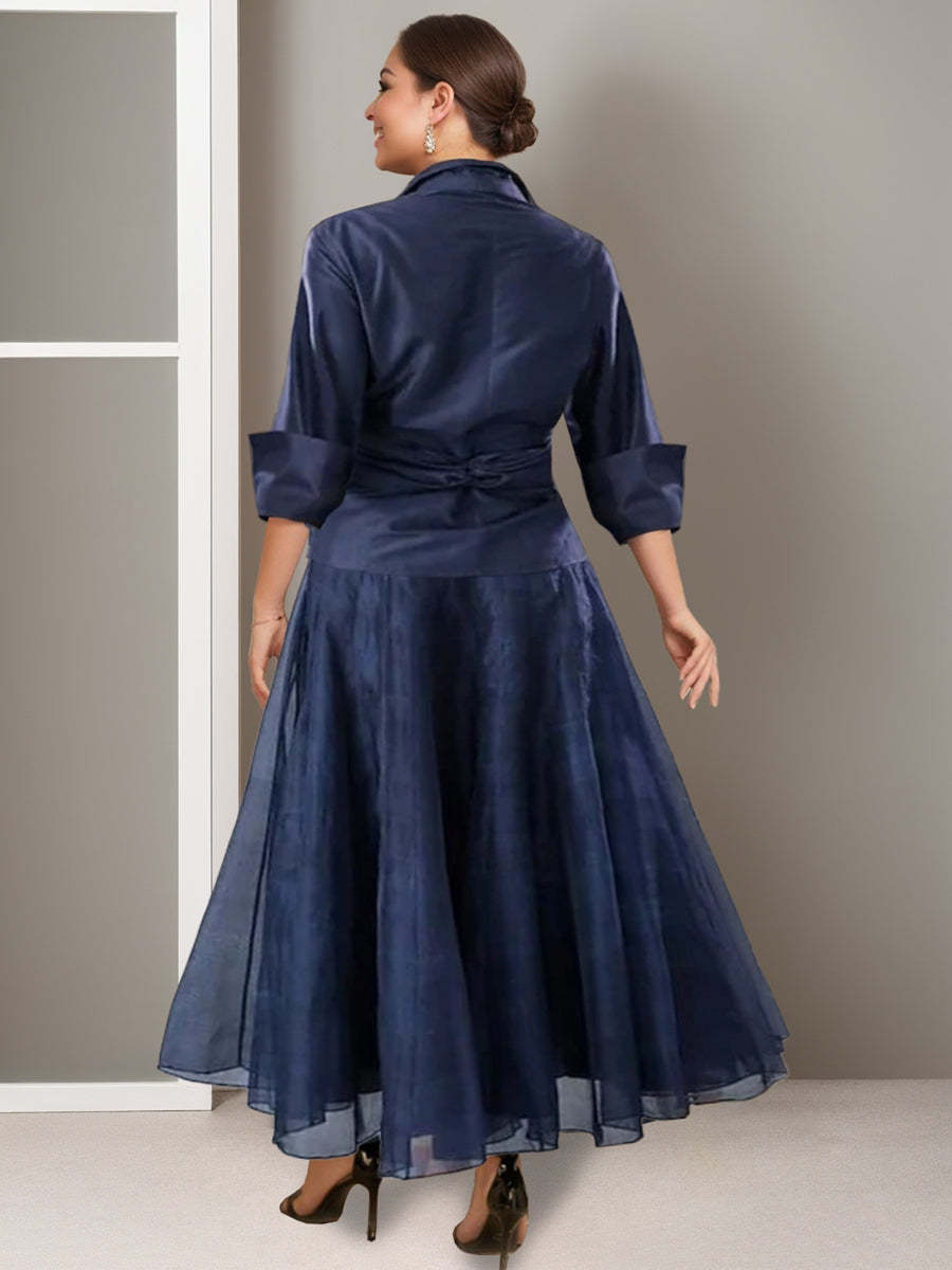 Plus Size V-Neck A-Line Princess Ankle-Length Ruched Mother of the Bride Dress with Half Sleeves