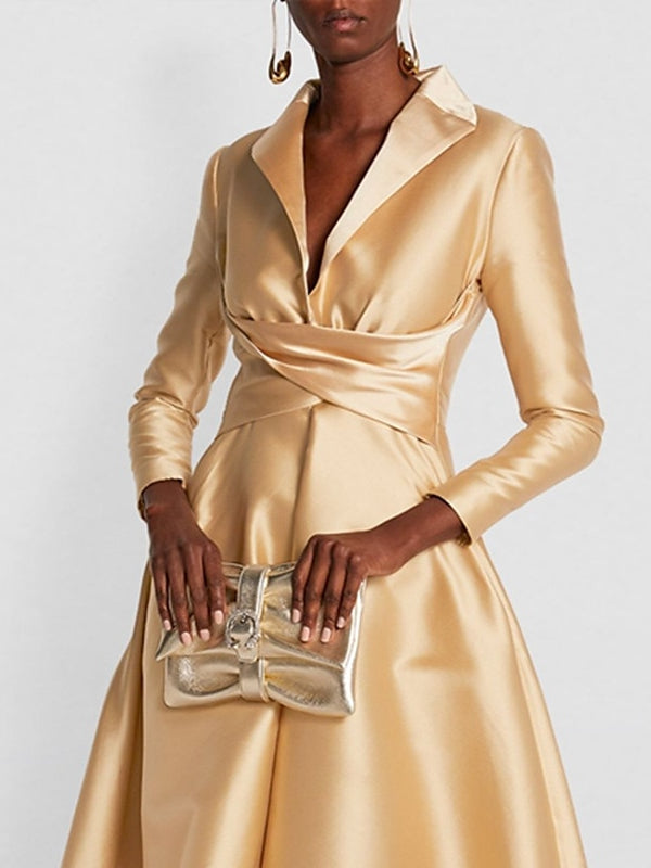 Floor-length V-Neck Evening Gowns with Long Sleeves in A-Line/Princess Cut