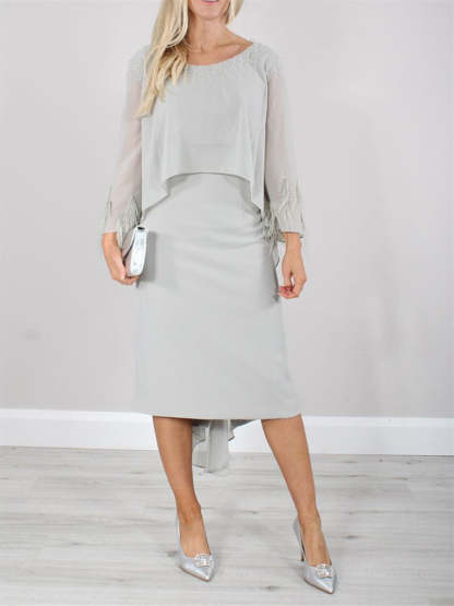 Round Neck Tea-Length Mother of the Bride Dress with Tassels and Long Sleeves