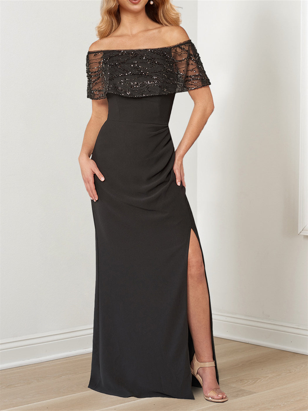 Sparkly Princess A-Line Floor-Length Mother of the Bride Dress with Portrait Neckline