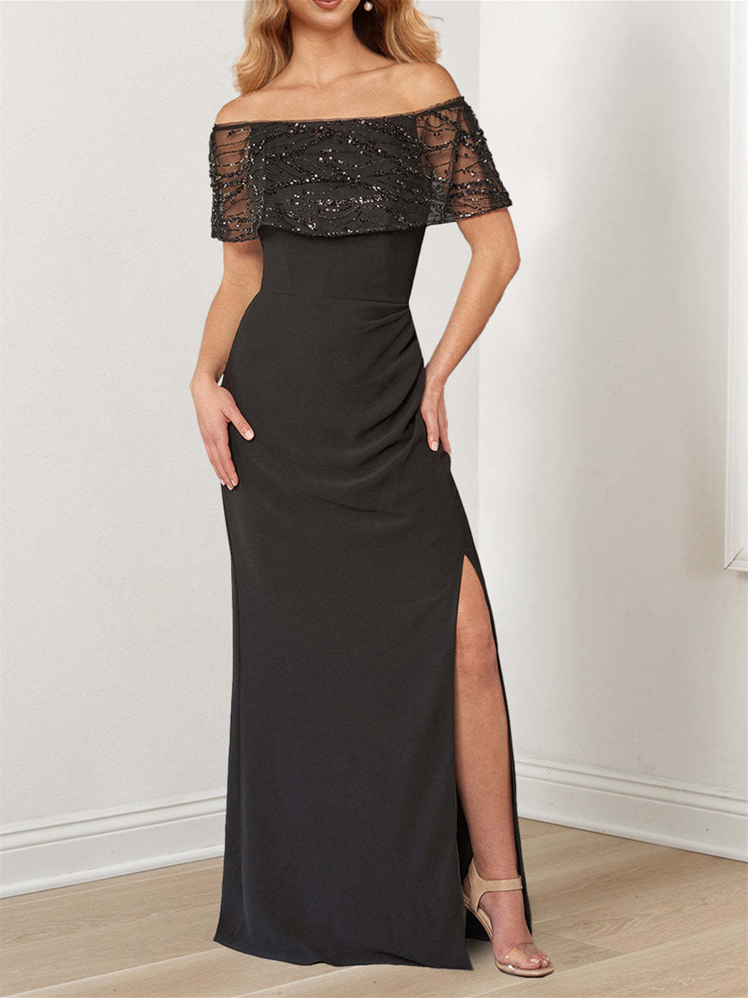 Sparkly Princess A-Line Floor-Length Mother of the Bride Dress with Portrait Neckline