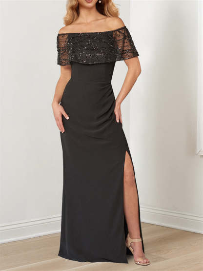 Sparkly Princess A-Line Floor-Length Mother of the Bride Dress with Portrait Neckline