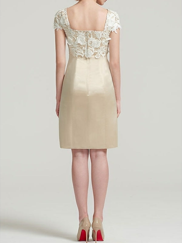 Square Neck Knee-Length Satin Lace Sheath Dress with Short Sleeves and Pleated Appliques for the Mother of the Bride