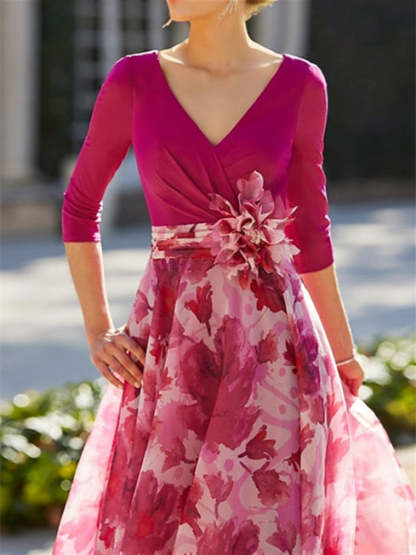 Floral Mother of the Bride Dress with V Neck and 3/4 Sleeves in A-Line/Princess Style