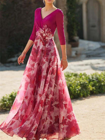 Floral Mother of the Bride Dress with V Neck and 3/4 Sleeves in A-Line/Princess Style