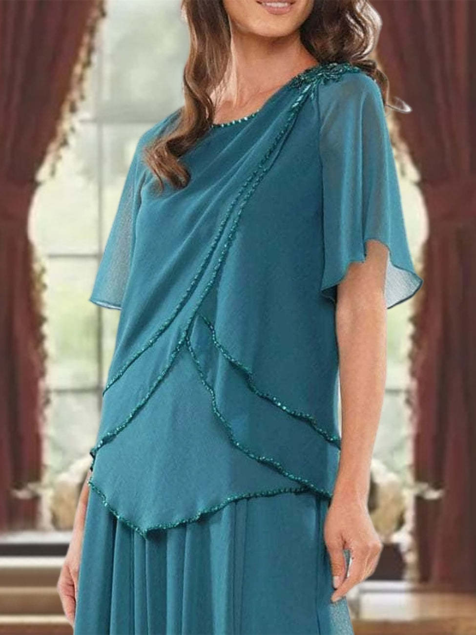 Princess A-Line Floor-Length Mother of the Bride Dress with Jewel Neck Short Sleeves Pleats & Beading