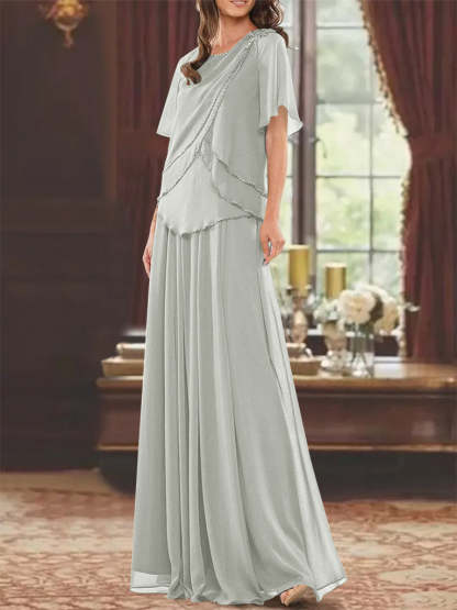 Princess A-Line Floor-Length Mother of the Bride Dress with Jewel Neck Short Sleeves Pleats & Beading