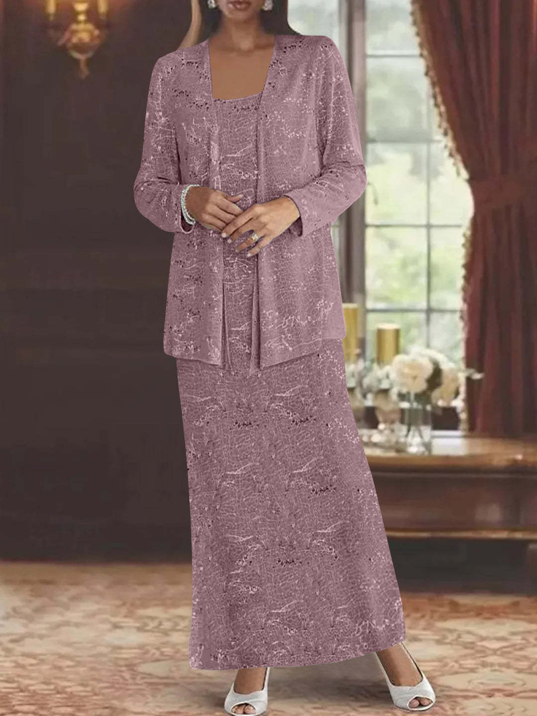 Ankle-length Chiffon Mother of the Bride Dress with Sequins and Jacket