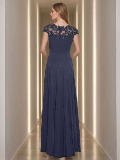 Short Sleeve Floor-Length A-Line Princess Jewel Neck Mother of the Bride Dress with Appliques