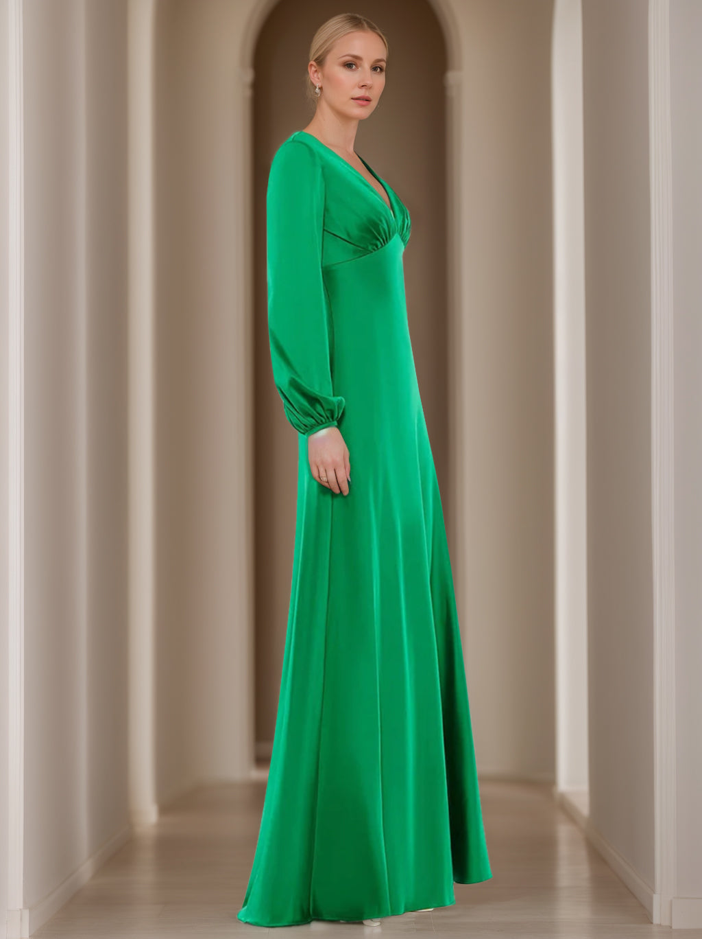 V-Neck A-Line Princess Floor-Length Mother of the Bride Dress with Long Sleeves and Ruffles