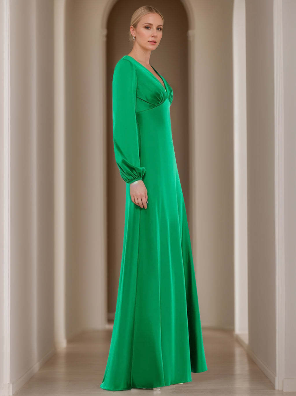 V-Neck A-Line Princess Floor-Length Mother of the Bride Dress with Long Sleeves and Ruffles