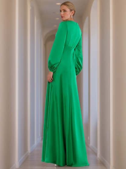 V-Neck A-Line Princess Floor-Length Mother of the Bride Dress with Long Sleeves and Ruffles