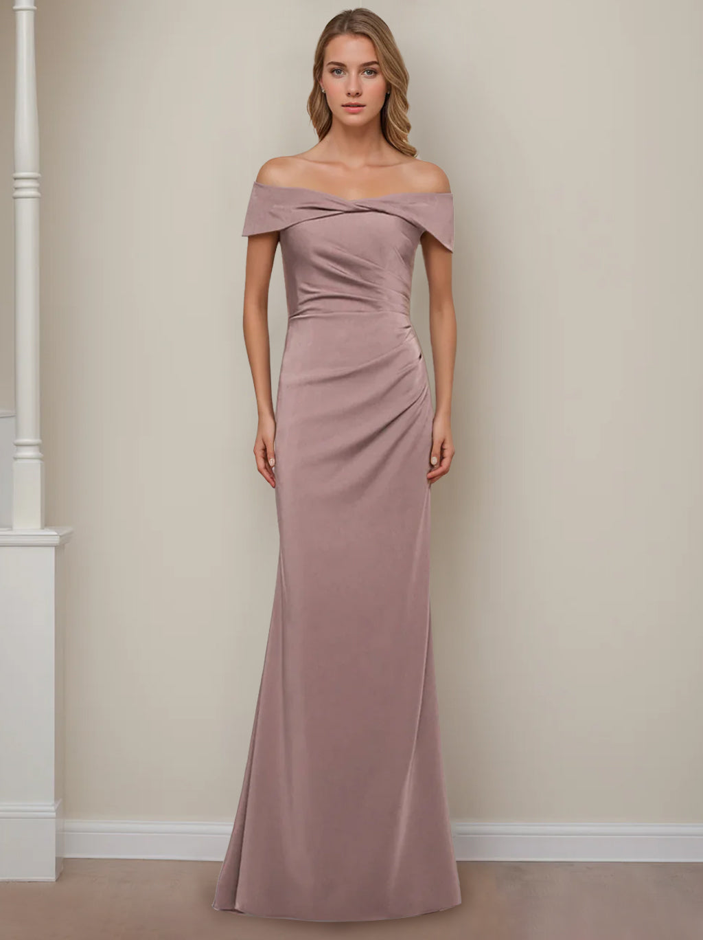 Off-the-Shoulder Short Sleeve Floor-Length Mother of the Bride Dress with Ruffles in Sheath/Column Style