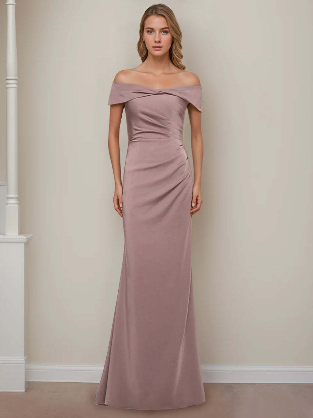 Off-the-Shoulder Short Sleeve Floor-Length Mother of the Bride Dress with Ruffles in Sheath/Column Style