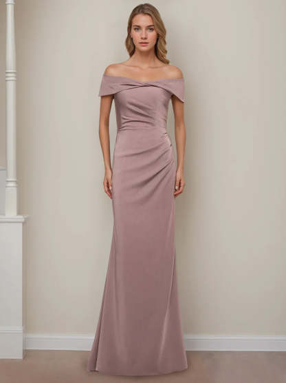Off-the-Shoulder Short Sleeve Floor-Length Mother of the Bride Dress with Ruffles in Sheath/Column Style