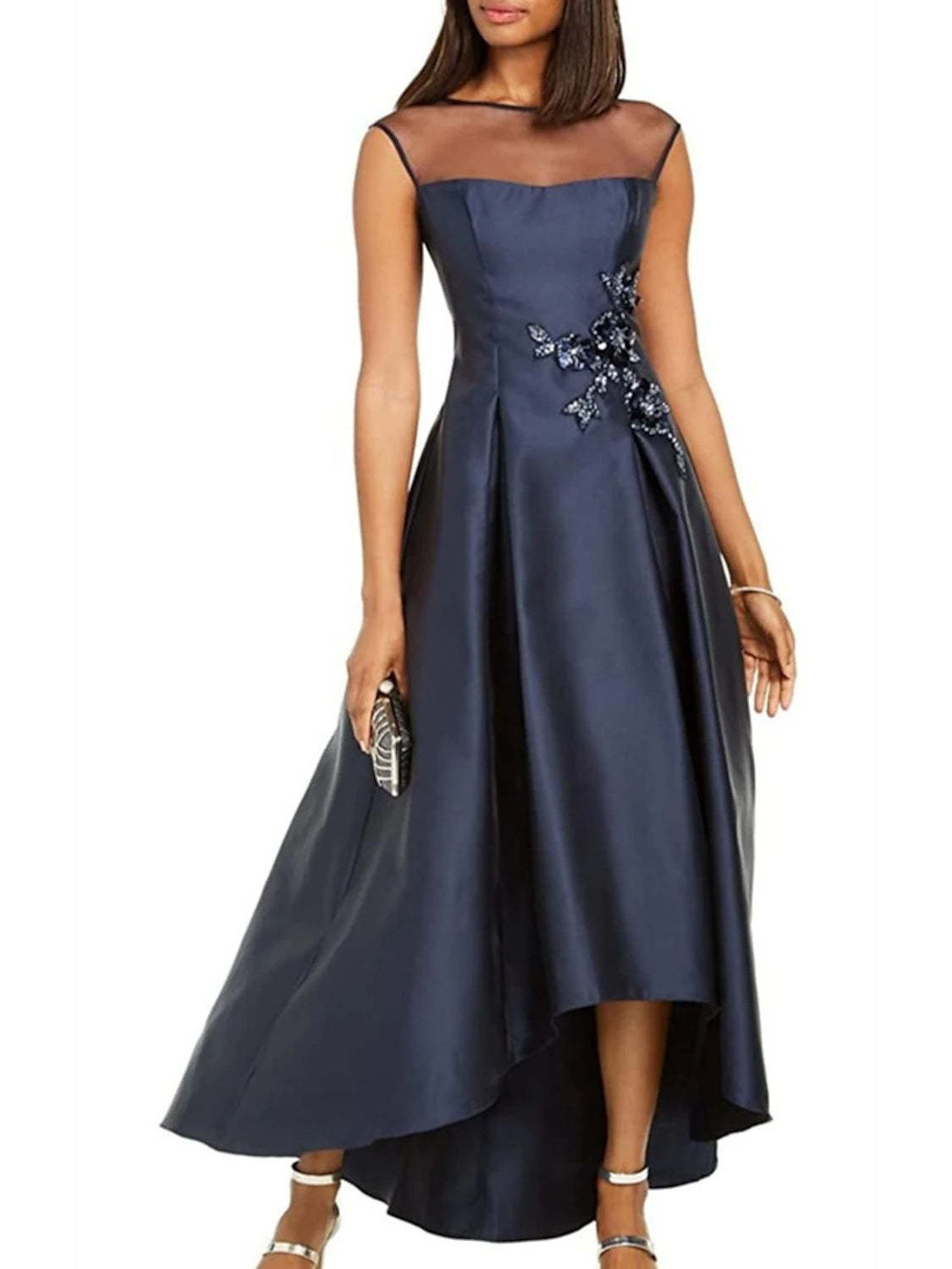 Asymmetrical Sleeveless A-Line Mother of the Bride Dress with Jewel Neckline Pleats and Appliques