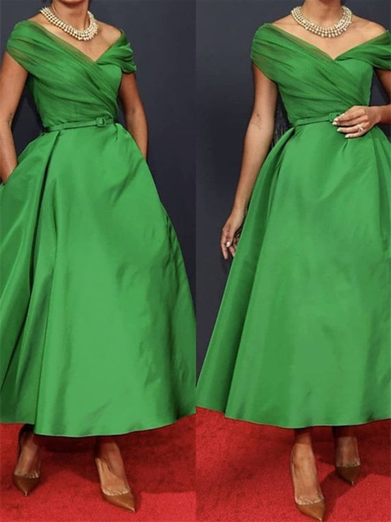 Off-Shoulder Sleeveless A-Line Ruched Ankle-Length Dress for the Mother of the Bride