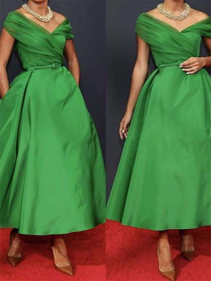 Off-Shoulder Sleeveless A-Line Ruched Ankle-Length Dress for the Mother of the Bride