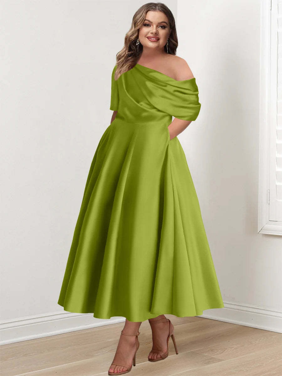 Plus Size A-Line Princess Ankle-Length One-Shoulder Mother of the Bride Dress with Ruffles and Half Sleeves