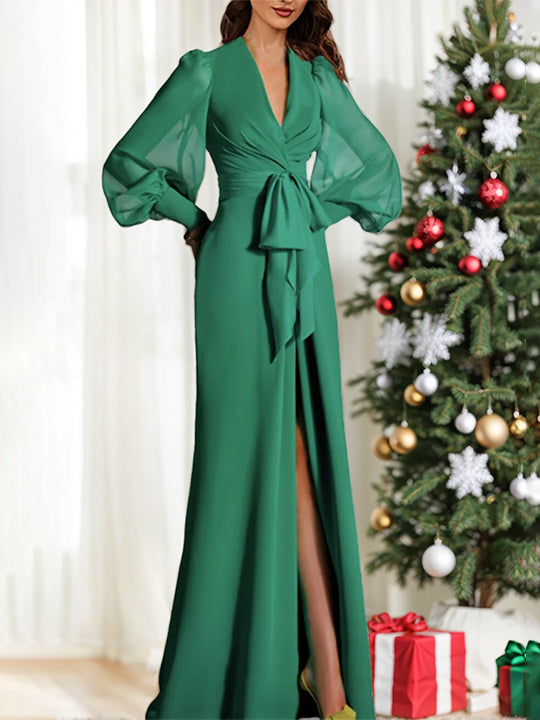 Long Sleeve V-Neck Chiffon Mother of the Bride Dress with Mermaid Train and Strappy Slit