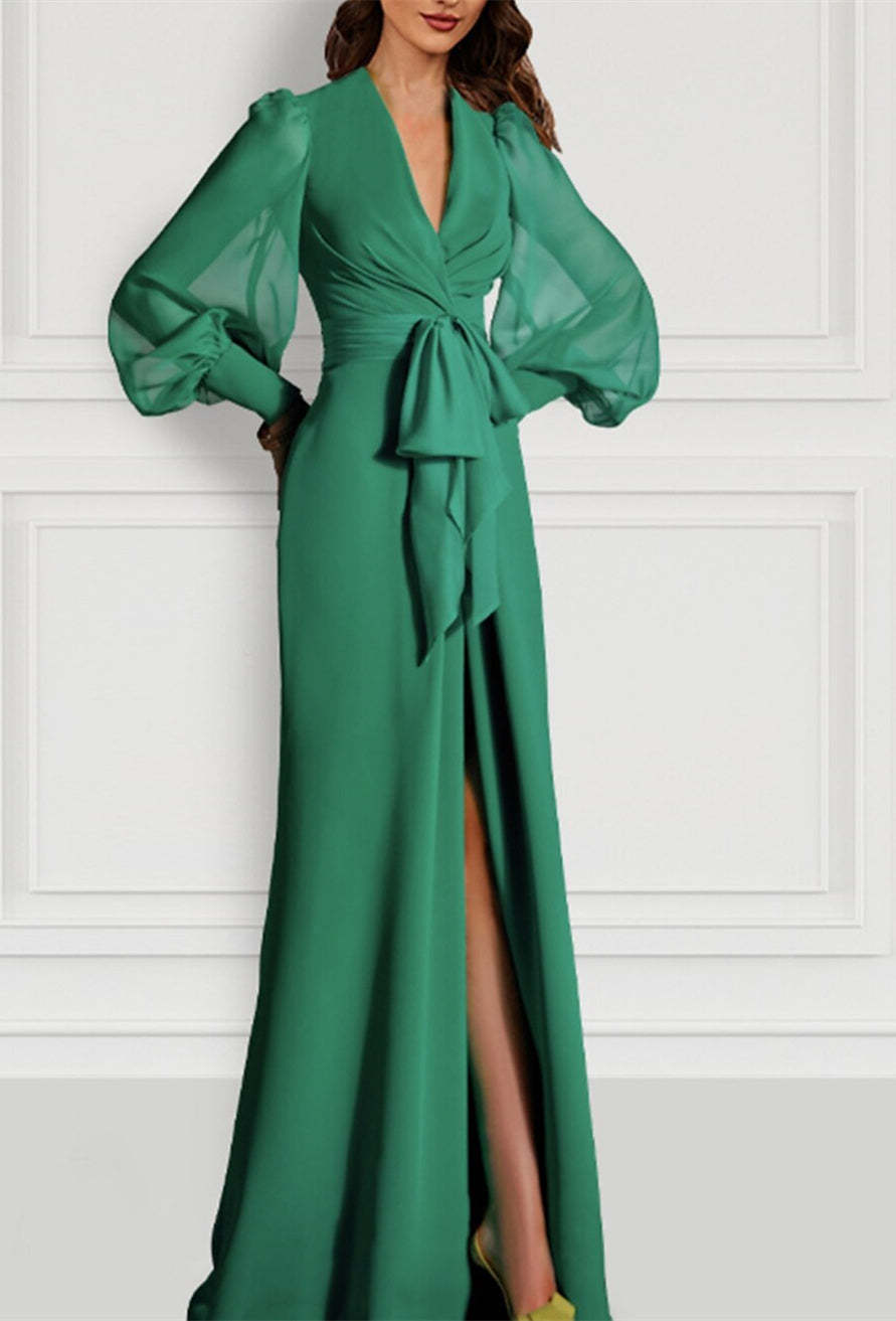 Long Sleeve V-Neck Chiffon Mother of the Bride Dress with Mermaid Train and Strappy Slit