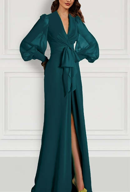 Long Sleeve V-Neck Chiffon Mother of the Bride Dress with Mermaid Train and Strappy Slit