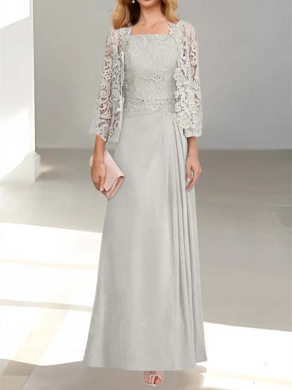 A-Line/Princess Scoop Mother of the Bride Dresses with Pleated & Lace Appliques Floor-Length