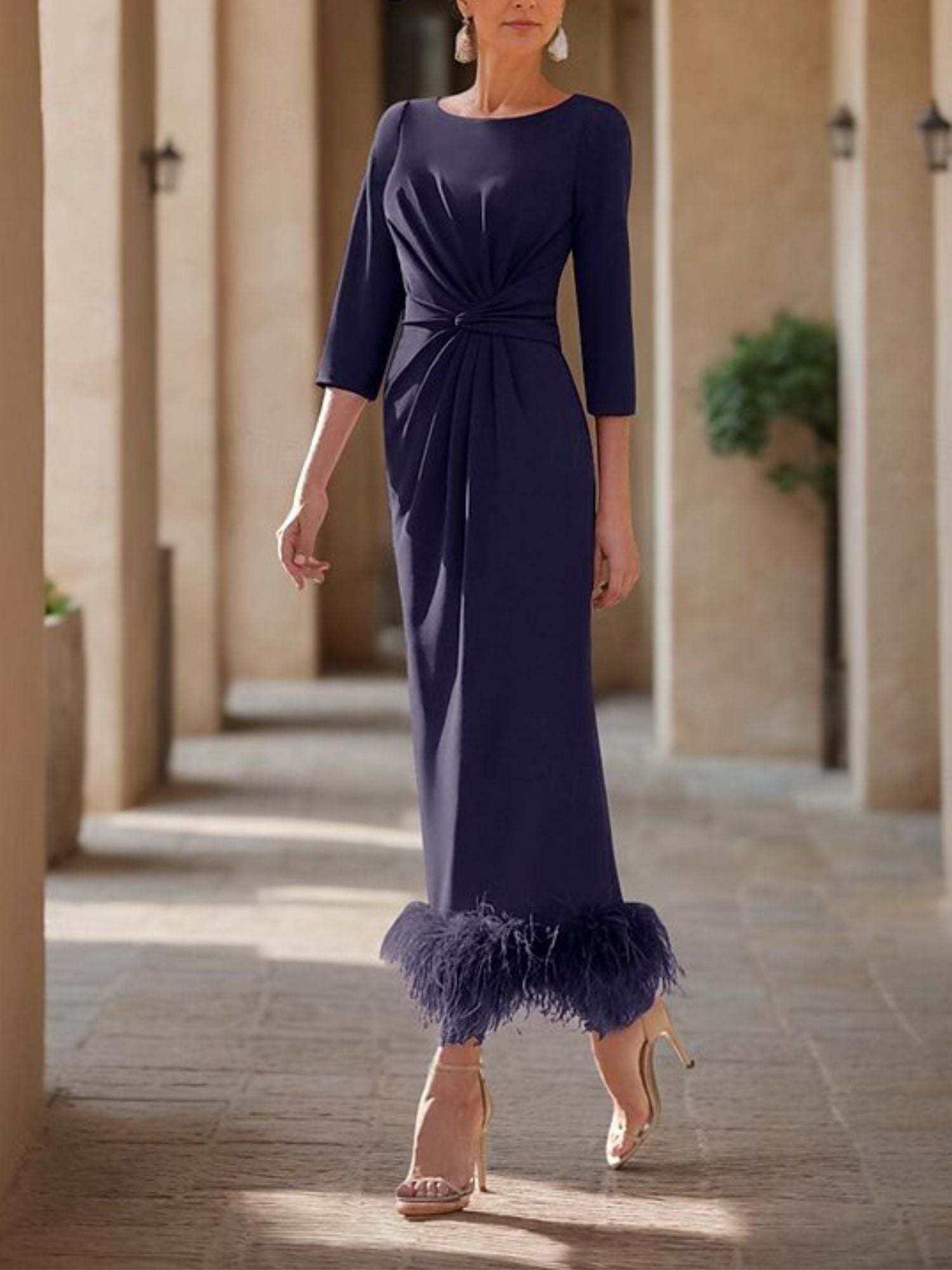 Elegant Feather-Adorned Scoop Neck Ankle-Length Dress for Mothers of the Bride & Groom