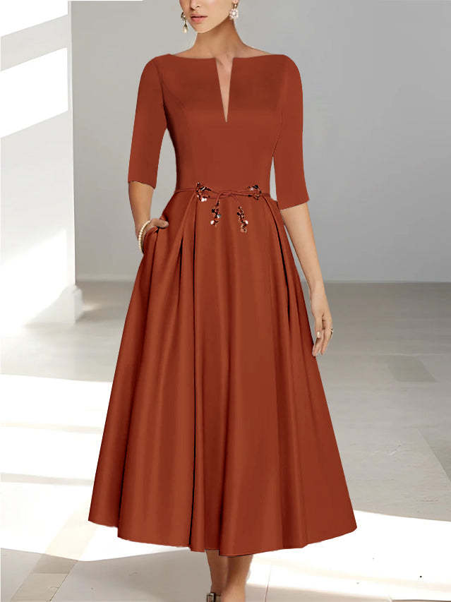 Ankle-Length Mother of the Bride A-Line Dress with Half Sleeves and Pockets