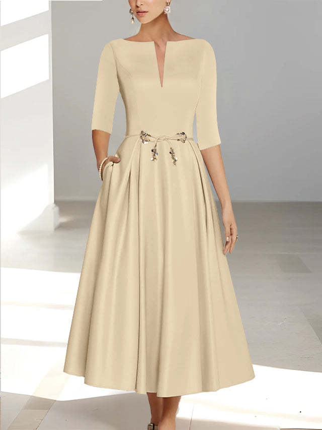 Ankle-Length Mother of the Bride A-Line Dress with Half Sleeves and Pockets