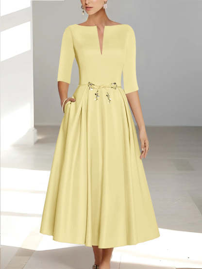 Ankle-Length Mother of the Bride A-Line Dress with Half Sleeves and Pockets