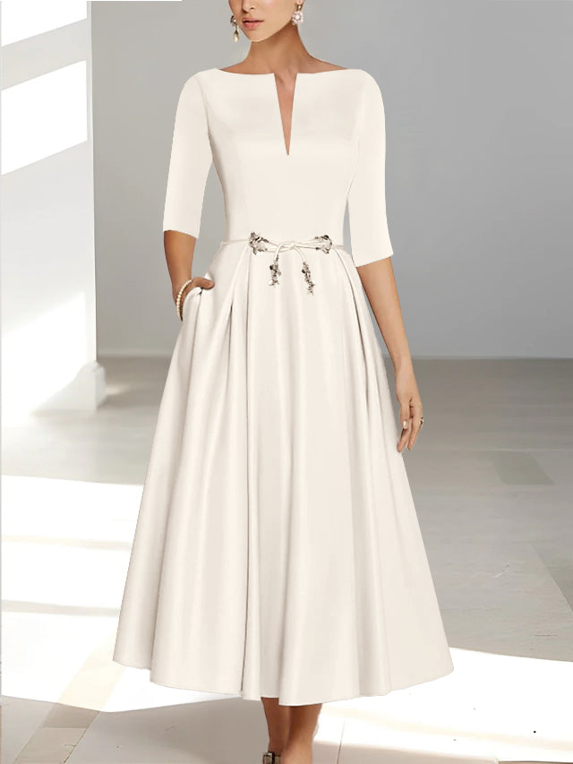 Ankle-Length Mother of the Bride A-Line Dress with Half Sleeves and Pockets