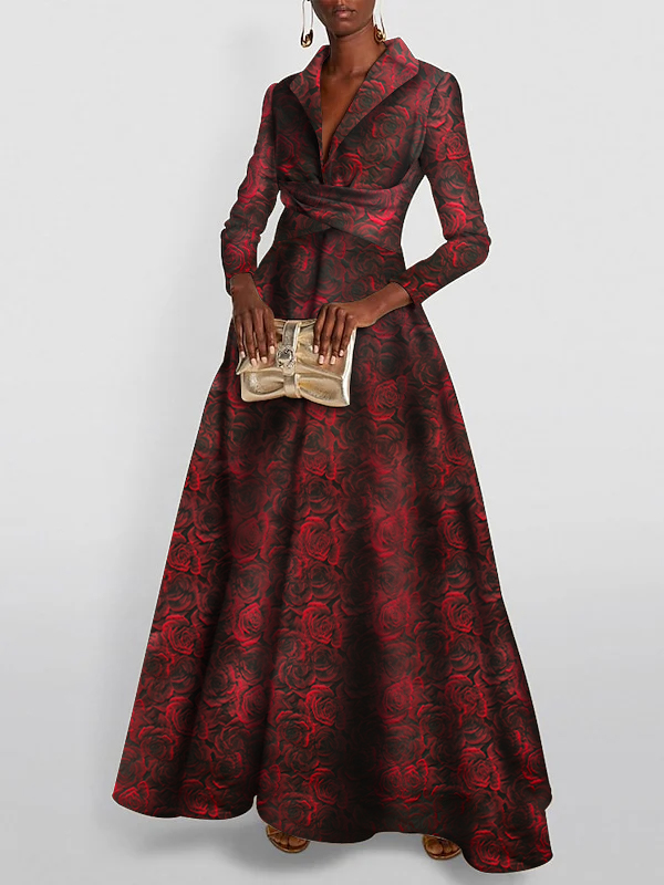 V-Neck Long-Sleeve A-Line Floral Print Red Rose Dress for Mothers of the Bride & Groom