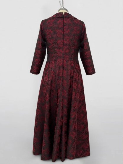 V-Neck Long-Sleeve A-Line Floral Print Red Rose Dress for Mothers of the Bride & Groom