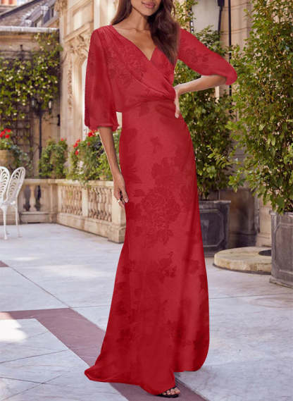 Red V-neck Floral Print Column Dress for Mothers of the Bride & Groom