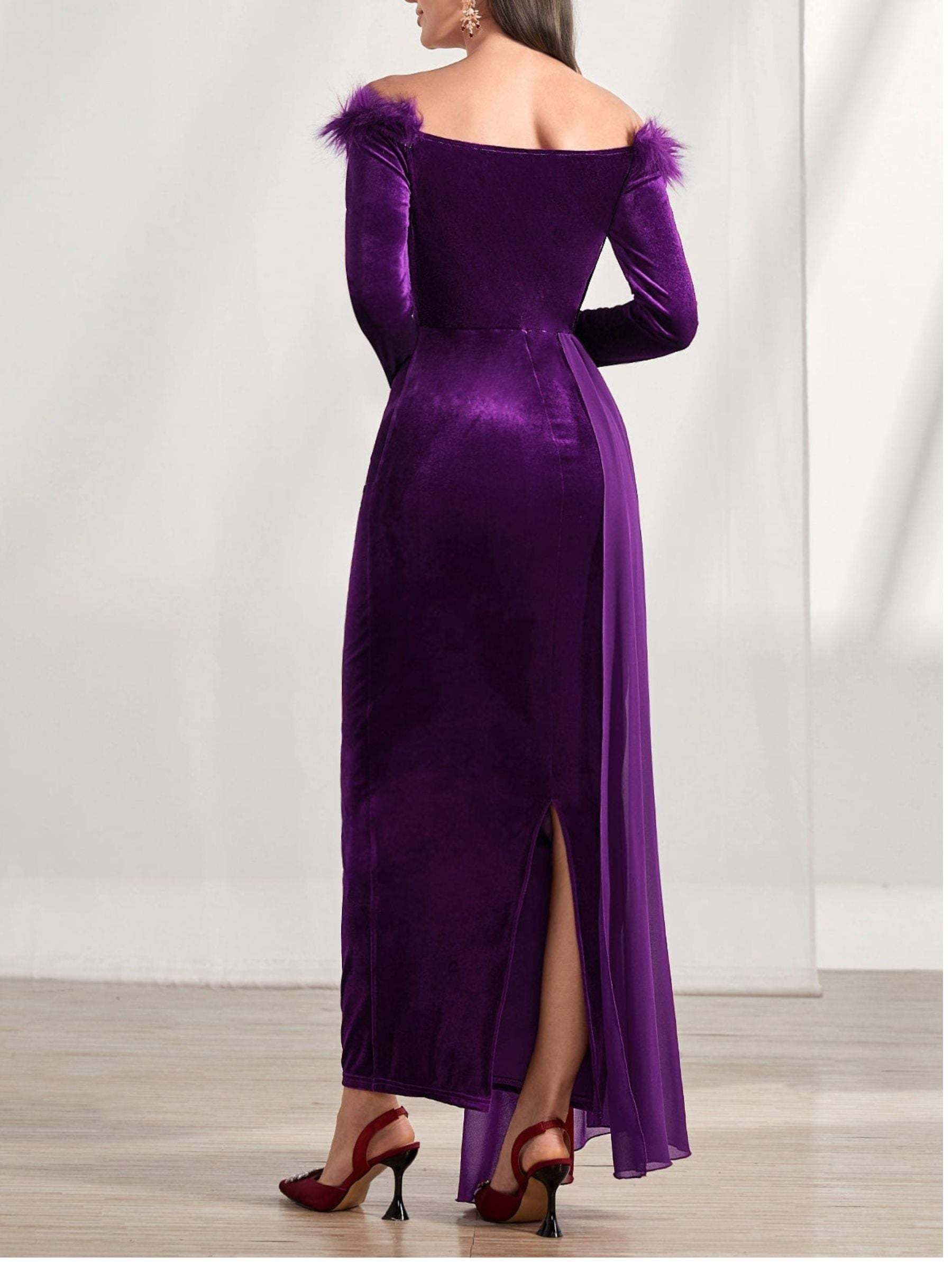Off-the-Shoulder Asymmetrical Long Sleeve Sheath/Column Dress with Feather for Mother of the Bride & Groom