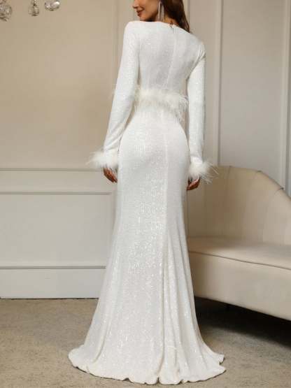 V-Neck Floor-Length Sequined Dress for Mothers of the Bride & Groom