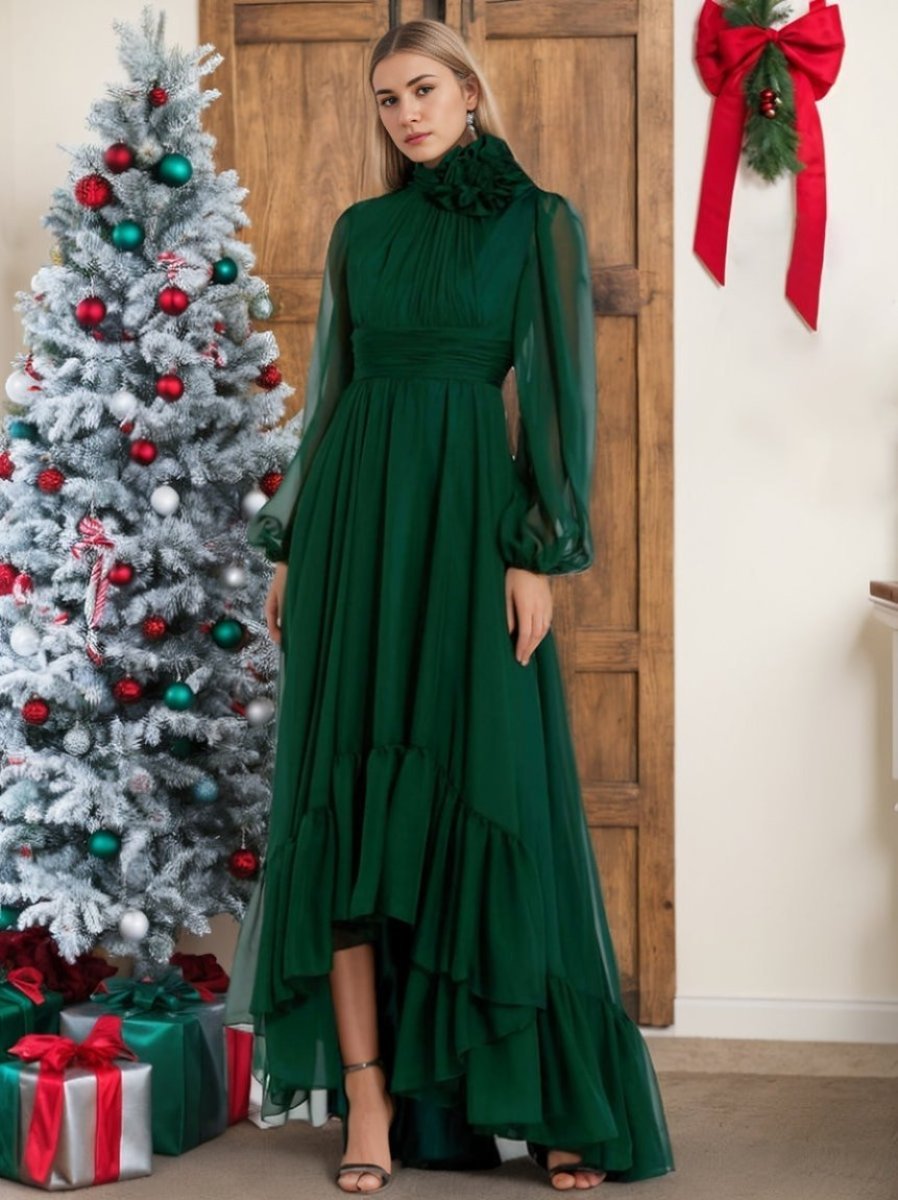 Asymmetrical A-Line Princess Jewel Neck Gown with Long Sleeves Ruffles & Floral Details