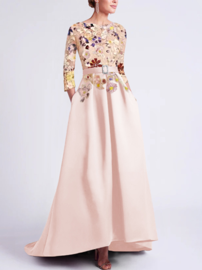 Asymmetrical A-Line Princess Scoop Mother of the Bride Dress with 3/4 Sleeves and Lace Appliques