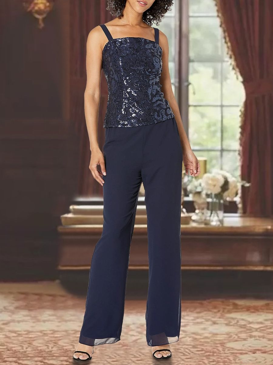 Ankle-Length 3-Piece Chiffon Pantsuit With Square Neck And Applique For Mother Of The Bride