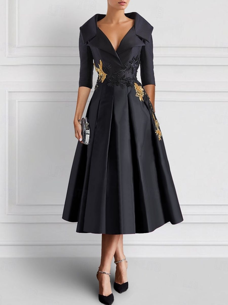 Elegant V-Neck A-Line Princess Tea-Length Mother of the Bride Dresses with Appliques