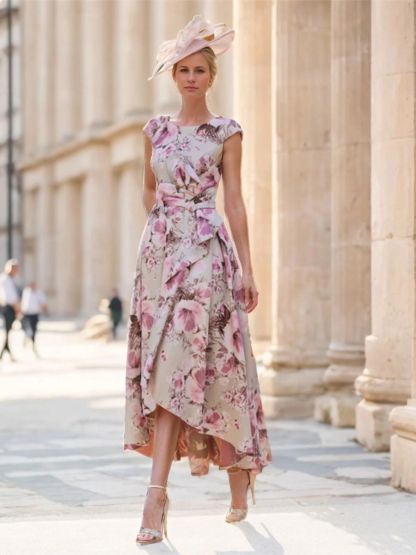 Princess A-Line Scoop Neck Short Sleeve Floral Print Mother of the Bride & Groom Dress