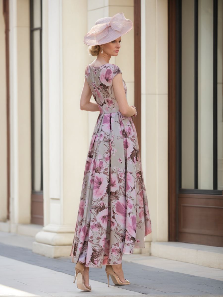 Princess A-Line Scoop Neck Short Sleeve Floral Print Mother of the Bride & Groom Dress