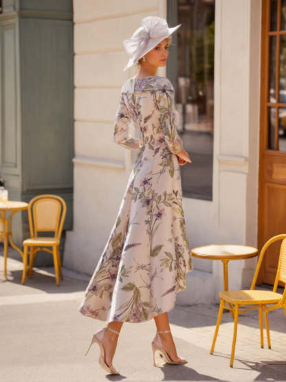 V-Neck A-Line Princess Dress with 3/4 Sleeves and Asymmetrical Floral Print for Mothers of the Bride & Groom
